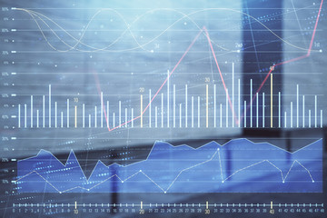 Double exposure of stock market graph on empty exterior background. Concept of analysis