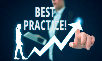 Text sign showing Best Practice. Business photo text commercial procedures that are accepted prescribed being correct Female human wear formal work suit presenting presentation use smart device