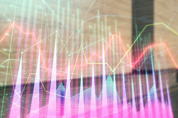 Double exposure of stock market graph on empty exterior background. Concept of analysis