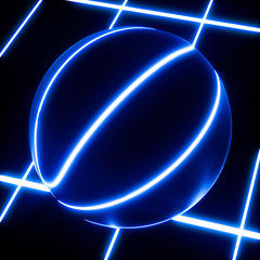 3D rendering of blue neon basketball ball on black background