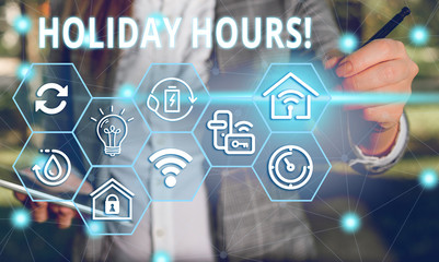 Word writing text Holiday Hours. Business photo showcasing Overtime work on for employees under...