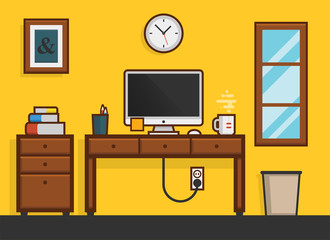 Flat home work desktop workplace, with table, cabinet and books. Creative furniture interior vector illustration and icons.