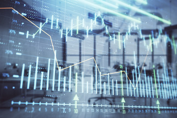 Stock and bond market graph with trading desk bank office interior on background. Multi exposure. Concept of financial analysis