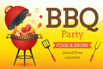BBQ party invitation ,card or poster template with grill and food flyer vector flat style  illustration.