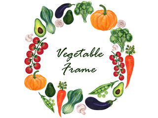 watercolor illustration of different organic fresh salad mediterranian vegetables foods avocado, cucumber, tomatoes, artichoke, carrot, onion frame banner wreath