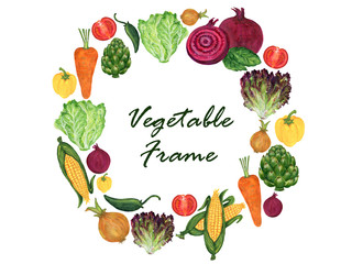 watercolor illustration of different organic fresh salad mediterranian vegetables foods avocado, cucumber, tomatoes, artichoke, carrot, onion frame banner wreath