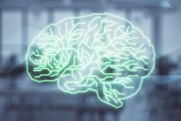 Human brain drawing with office interior on background. Double exposure. Concept of innovation.