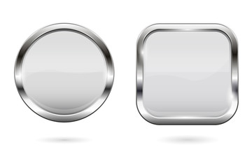 White glass buttons. 3d shiny round and square icons