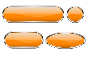 Orange glass buttons. Set of 3d shiny icons with chrome frame