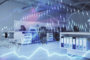 Stock market chart with trading desk bank office interior on background. Double exposure. Concept of financial analysis