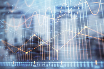 Stock market chart with trading desk bank office interior on background. Double exposure. Concept of financial analysis