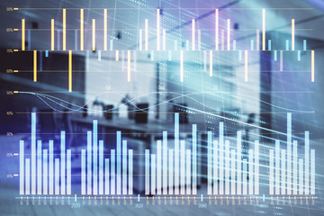 Stock market chart with trading desk bank office interior on background. Double exposure. Concept of financial analysis