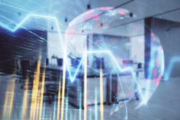 Stock and bond market graph and world map with trading desk bank office interior on background. Multi exposure. Concept of international finance