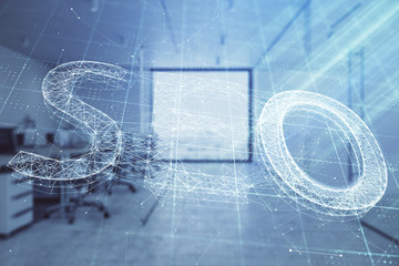 SEO icon hud with office interior on background. Double exposure. Concept of data search