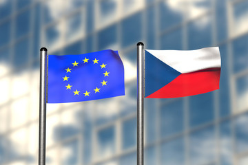 3d render of an flag of Europe and Czech Republic, in front of an blurry background, with a steel flagpole.txt