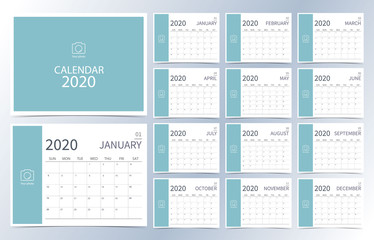 Business calendar 2020.light green monthly calendar can be used for printable graphic and website