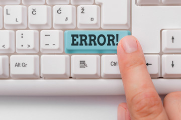 Text sign showing Error. Business photo text state or condition of being wrong in conduct judgement or program White pc keyboard with empty note paper above white background key copy space