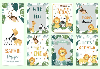 Green,gold collection of safari background set with lion,monkey,giraffe,zebra,geometric vector illustration for birthday invitation,postcard,logo and sticker.Wording include wild one,wild and free © piixypeach