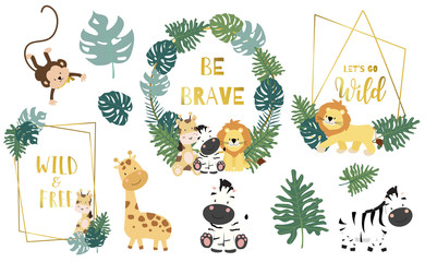 Safari object set with monkey,giraffe,zebra,lion,leaves. illustration for logo,sticker,postcard,birthday invitation.Editable element