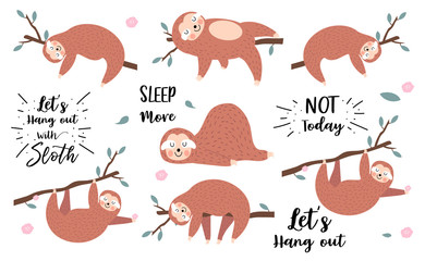 Lazy sloth object set with branch,sleep,hanging. illustration for logo,sticker,postcard,birthday invitation.Include Not today,let's hang out wording.Editable element © piixypeach