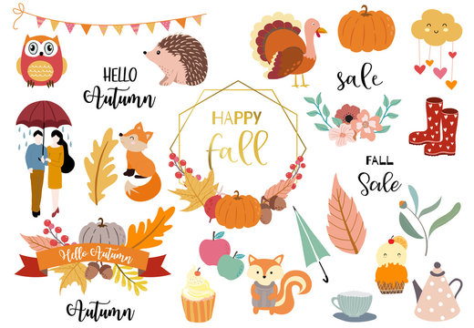 Autumn object collection with pumpkin,owl,wreath,man,woman,couple.Illustration for sticker,postcard,invitation,element website.Included hello autumn and fall sale wording