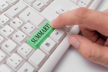 Text sign showing Summary. Business photo text brief statement or account of main points of...