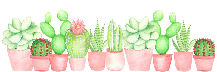 Frame border made of hand-drawn watercolor cactus plants in ceramic pots with flowers isolated on white background