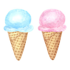 Set of different ice cream balls in waffle cone, clip art with mint, berries hand drawn watercolor illustration isolated on white background