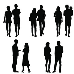 Vector silhouettes of  men and a women, couple, a group of standing and walking business people, black color isolated on white background