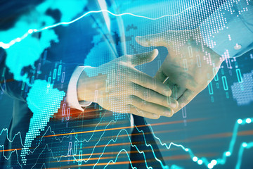 Multi exposure of forex graph and world map on abstract background with two businessmen handshake. Concept of success on international markets