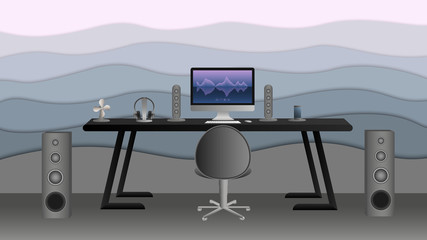 Music studio at home or in the office. Workplace concept, cozy room for freelance job. Vector illustration