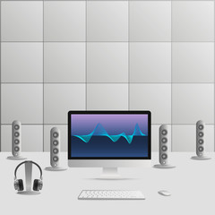 Music studio at home or in the office. Workplace concept, cozy room for freelance job. Vector illustration