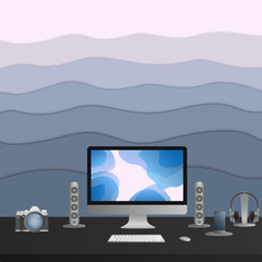 Designer or freelancer work place. Creative workplace with monitor on desk, photo camera, speakers, headphones, mobila phone. Vector illustration
