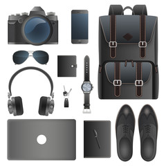 Realistic illustration photo camera, sunglasses, phone, laptop, headphones, backpack, pen, notebook, keys, watch, purse, shoes. Vector illustration
