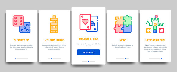 Interactive Kids Games Vector Onboarding Mobile App Page Screen. Domino, Chess And Video Games Controller Linear Pictograms. Cards, Billiard, Darts Color Contour Illustrations
