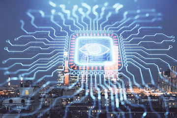 Double exposure of abstract technology drawing on cityscape background. Concept of tech innovation