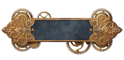 Steampunk metal banner with clockwork mechanism