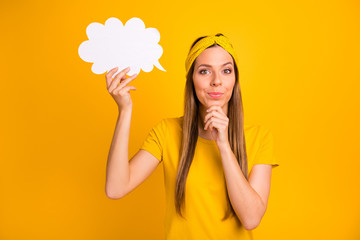 Photo of pretty lady minded about dialogue answer wear casual t-shirt isolated yellow background