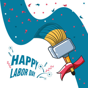happy labor day label with paint brush and decoration