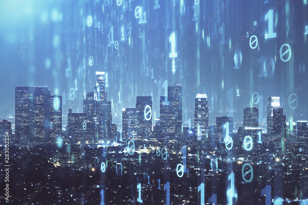 Poster data theme hologram drawing on city view with skyscrapers background double exposure. ai concept.