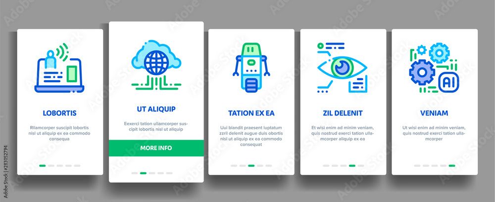 Poster artificial intelligence vector onboarding mobile app page screen. artificial intelligence details bi