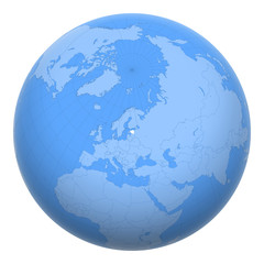 Estonia on the globe. Earth centered at the location of the Republic of Estonia. Map of Estonia. Includes layer with capital cities.