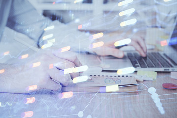 A man working on computer with technology theme drawing. Concept of big data. Multi exposure.