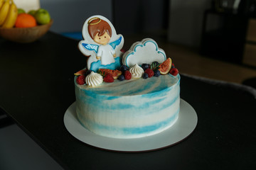 birthday cake at home kitchen with blurry background