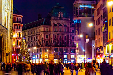 Fototapeta na wymiar Christmas season. Vienna. People walk around the square, in the center of the square Christmas tree. Beautiful ancient architecture. Cathedral in Gothic style. A large number of tourists