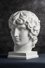 Gypsum copy of ancient statue Antinous head on dark textured background. Plaster sculpture man face.
