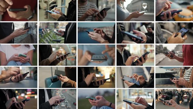 Collage Multicam Multi Camera Of Hand Using Touchscreen Smart Phone. Group People Touch Smartphone