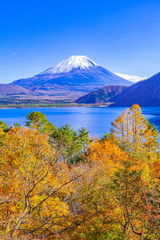 富士山と紅葉、山梨県本栖湖にて