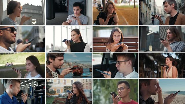 Collage multi camera woman Man using the voice recognition ai audio message on the phone, audio message ai speech helper, group student male outdoor