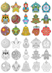 Zentangle stylized Christmas set of decorations. Hand Drawn lace vector illustration